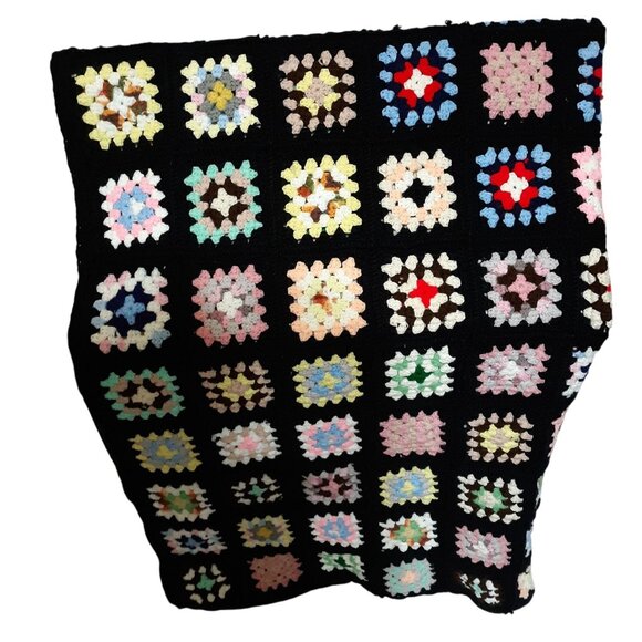 Colorful Hand-Crocheted Granny Square Blanket Multicolored Squares on Black Back - Picture 2 of 8